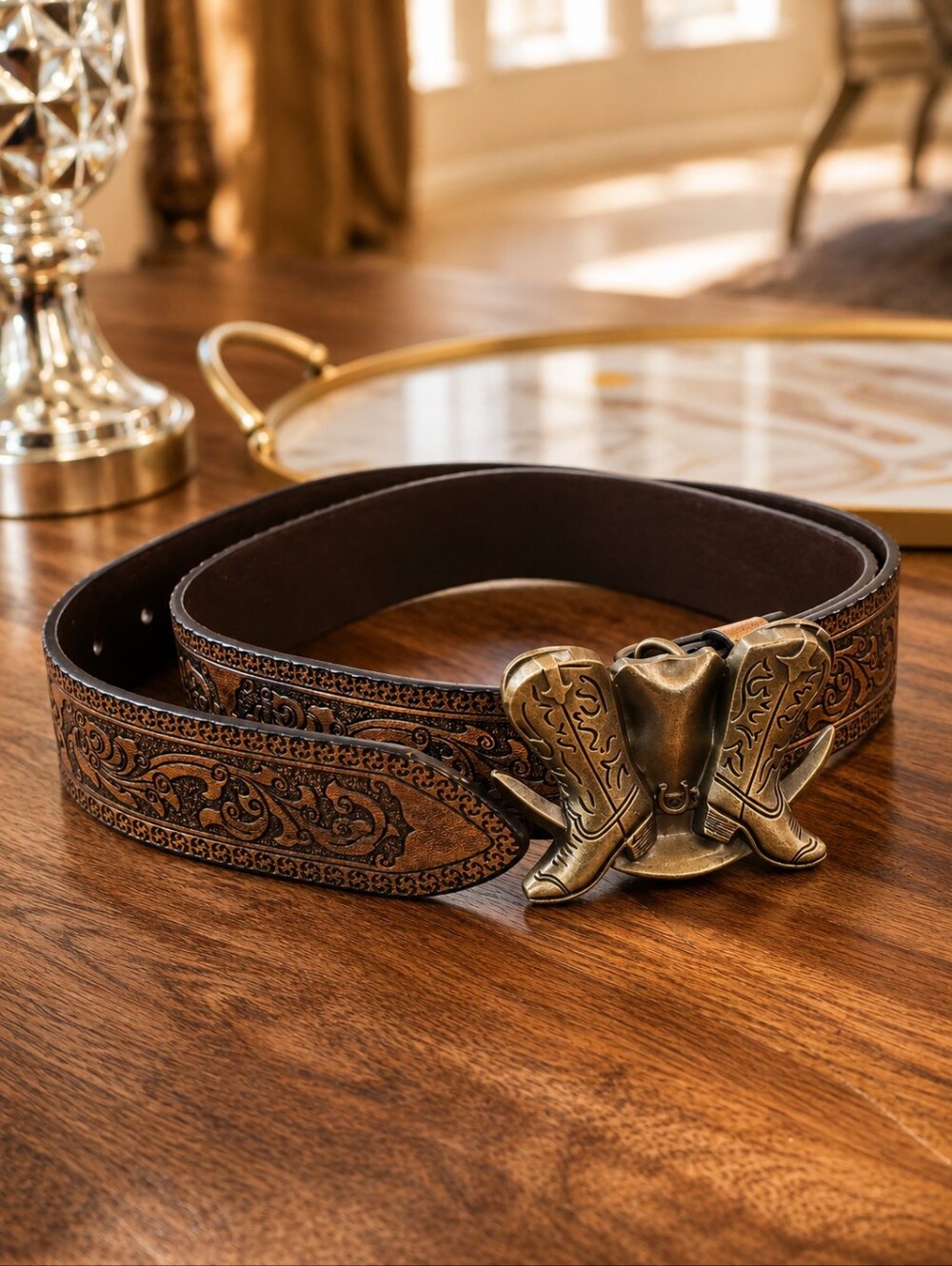 Ornate Brown Leather Western Belt with Cowboy Boot Buckle